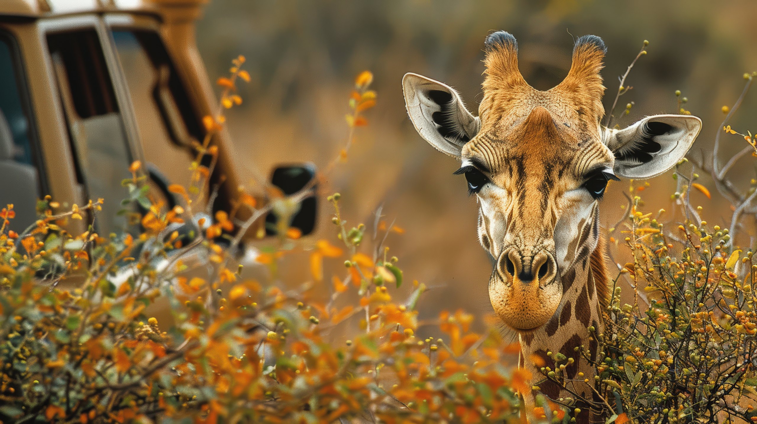 A giraffe framed by flowering bush beside a safari vehicle