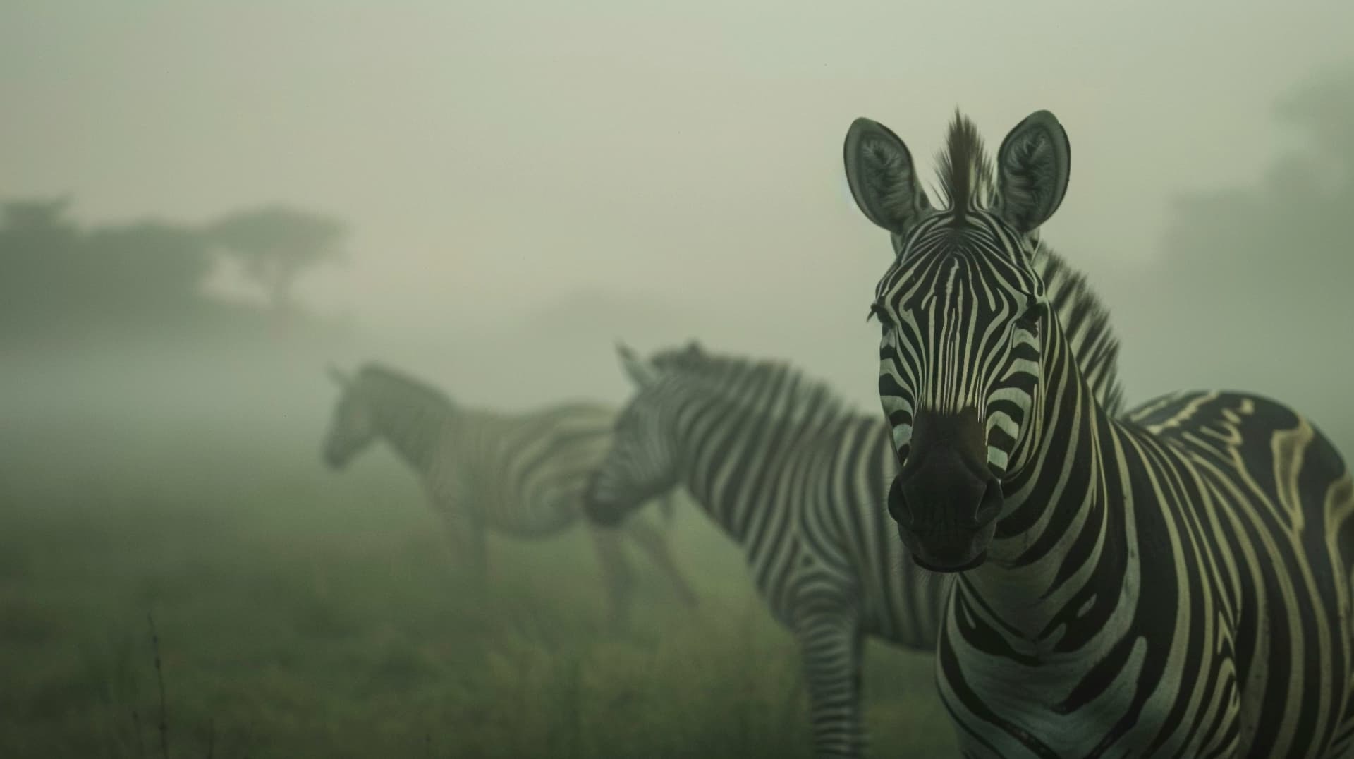 Zebras standing in morning mist on the Serengeti plains