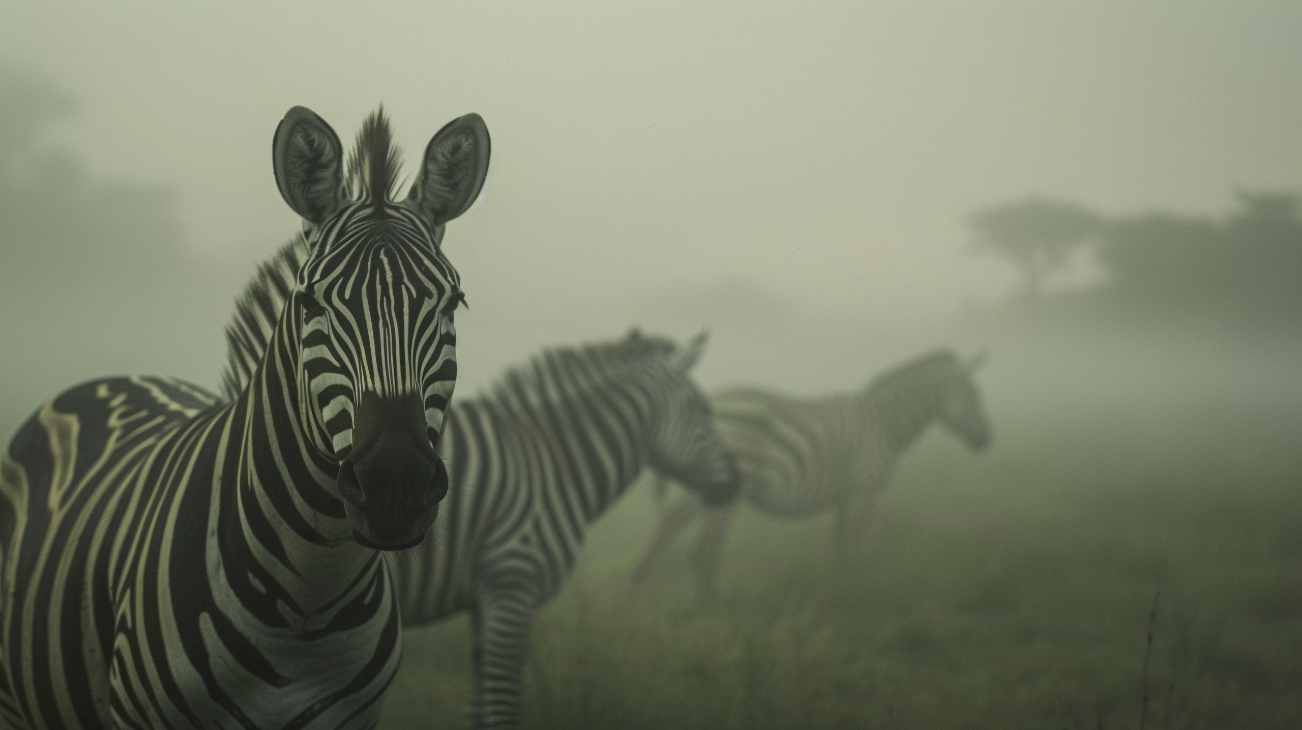 Zebras standing in early morning mist