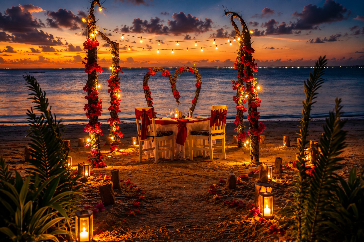 A candlelit dinner set on the beach at sunset