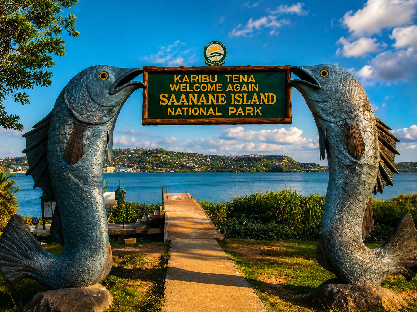Carved fish sculptures framing a national park entrance gate